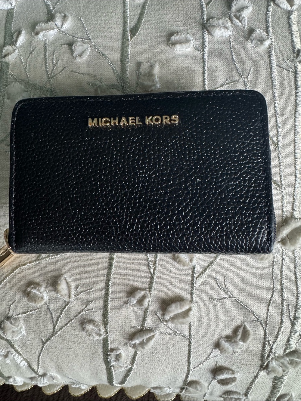 Michael Kors Black Pebbled Leather Card Wallet with Gold Logo